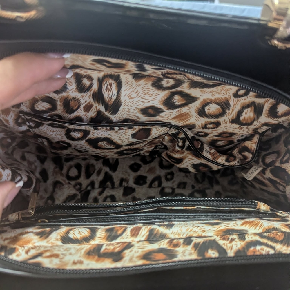 Leopard Print Dome Satchel Handbag - Black & Brown - Picture 4 of 5